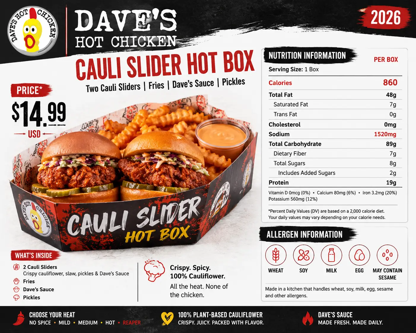 Dave’s Hot Chicken Cauli Slider Hot Box Price, Nutrition and Allergen 2026