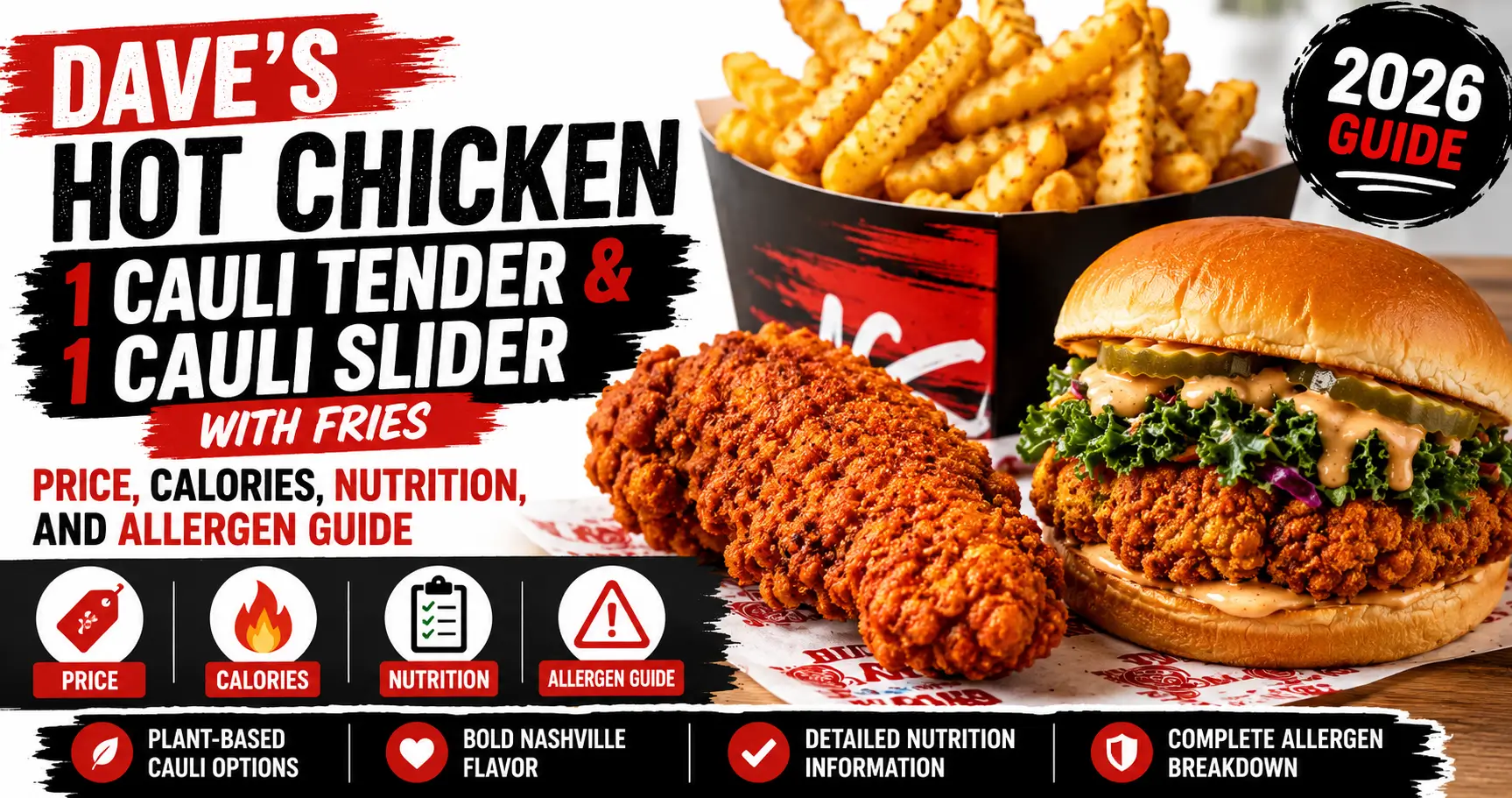 Dave’s Hot Chicken 1 Cauli Tender & 1 Cauli Slider with Fries Price, Calories, Nutrition, and Allergen Guide 1 Dave’s Hot Chicken 1 Cauli
