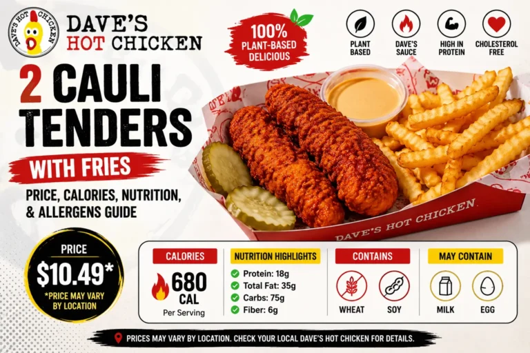 Dave’s Hot Chicken 2 Cauli Tenders with Fries Price, Calories, Nutrition, & Allergens Guide 6 Dave’s Hot Chicken 2 Cauli Tenders with Fries Price, Calories, Nutrition, & Allergens Guide