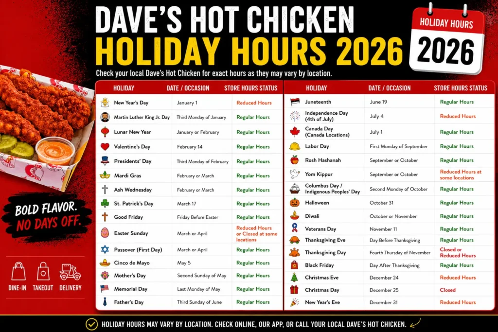  Dave’s Hot Chicken Holiday Hours 2026